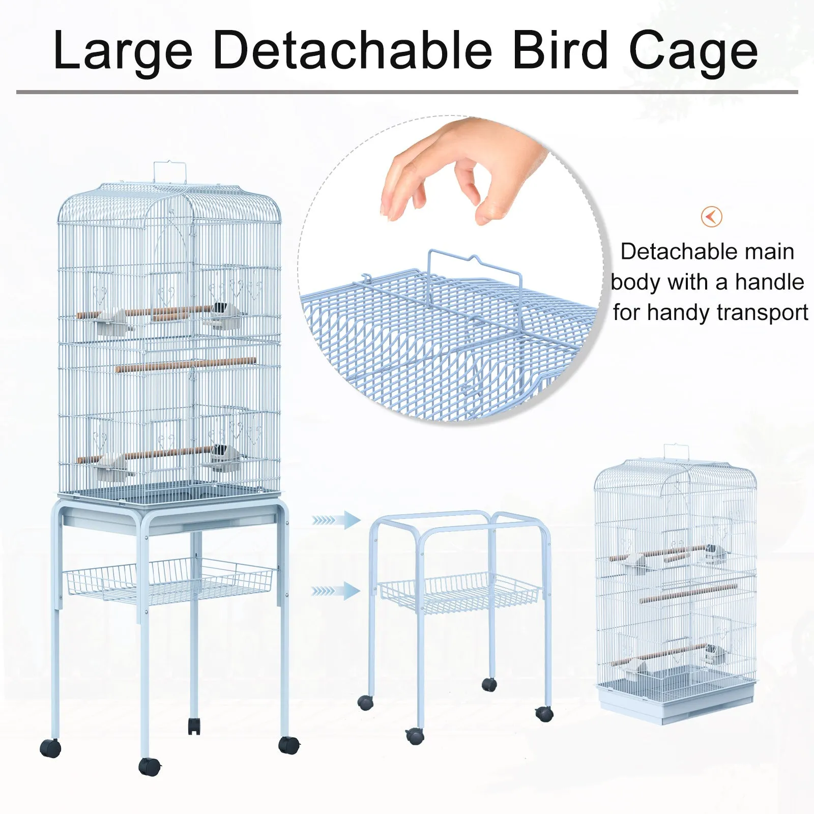 153cm Metal Bird Cage W/Removable Wheels Stand-Light blue