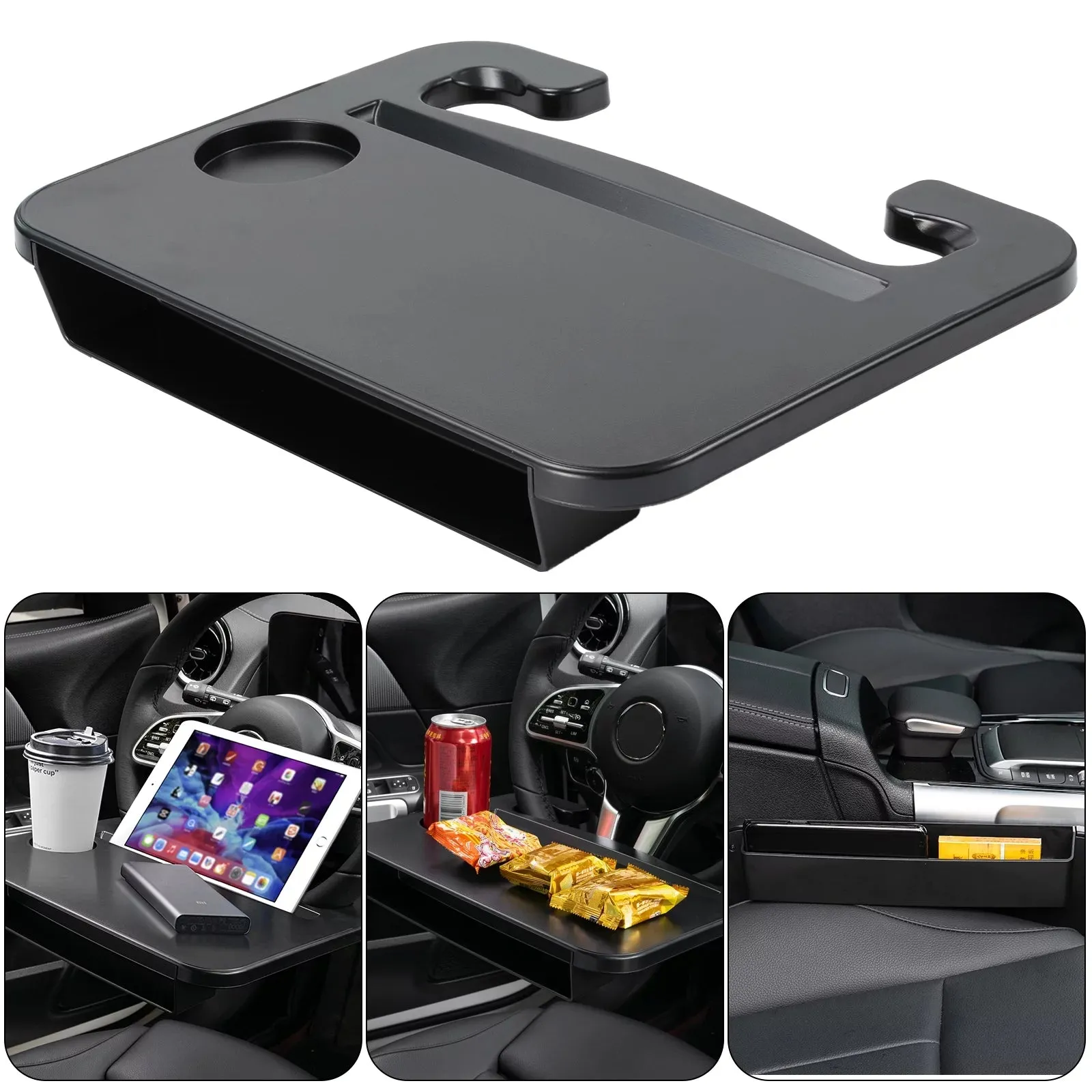 2 in 1 Car Steering Wheel Tray Table Food Drink Holder Seat Gap Slip Organizer Black