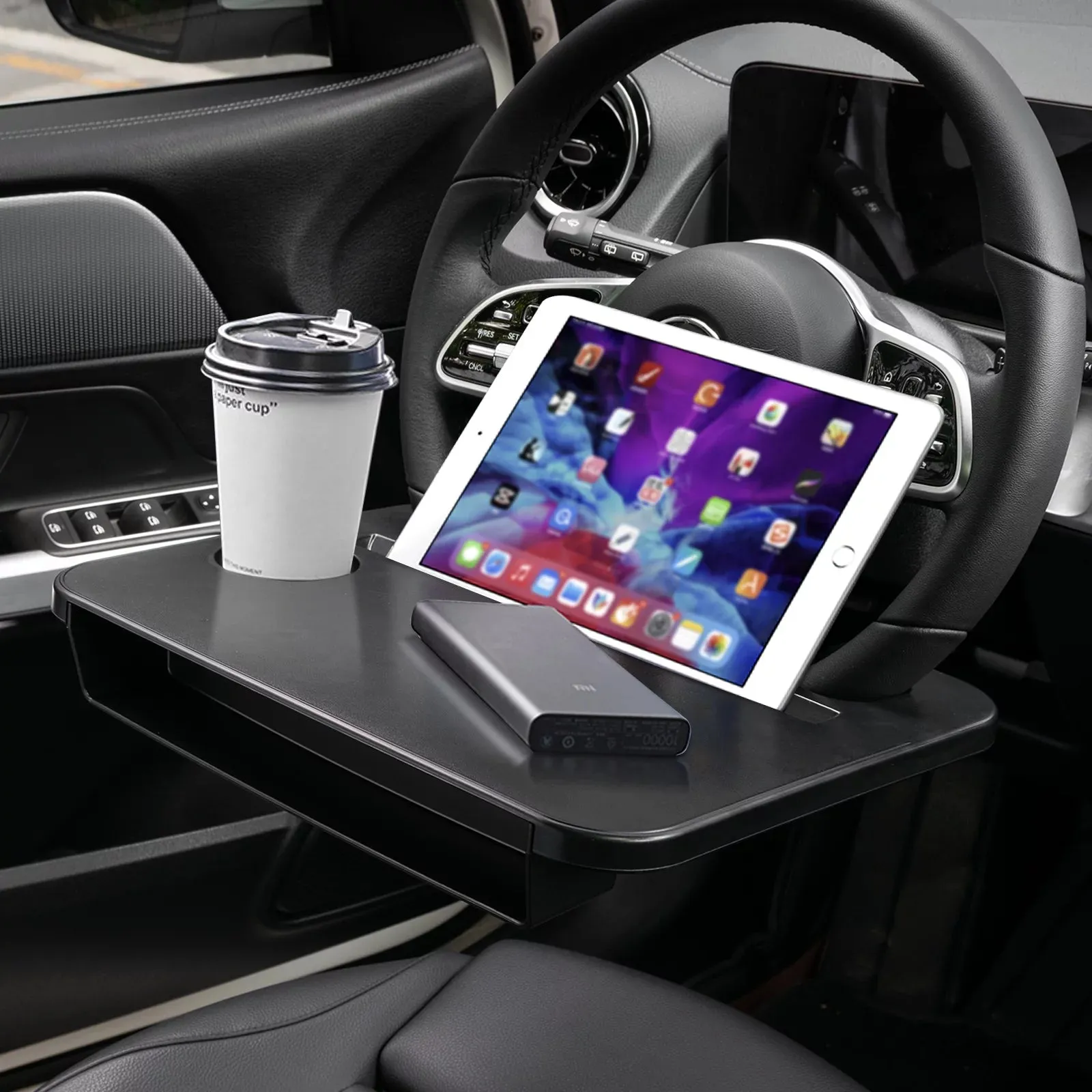 2 in 1 Car Steering Wheel Tray Table Food Drink Holder Seat Gap Slip Organizer Black