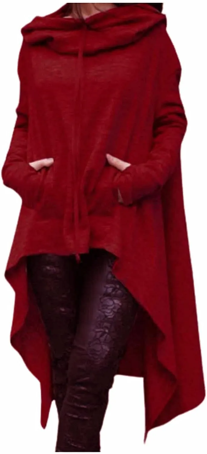 2021 Womens Long Sleeve Cloak Hoodies Turtleneck Oversized High Low Sweater Vintage Gothic Sweatshirts Pullover Casual Winter Coat Wine, XXL