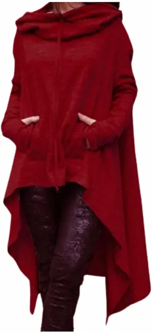 2021 Womens Long Sleeve Cloak Hoodies Turtleneck Oversized High Low Sweater Vintage Gothic Sweatshirts Pullover Casual Winter Coat Wine, XXL