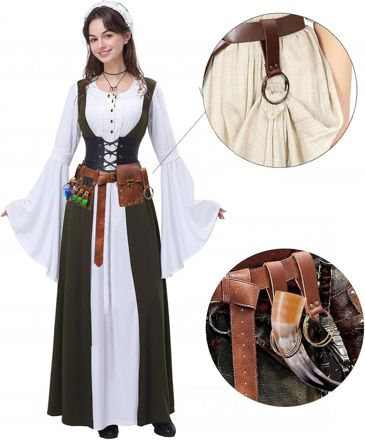 5 Pcs Renaissance Accessories Belt Pouch Waist Bag Belt Keyring Hook Wizard Potion Bottles Vials for Festival Cosplay Halloween Costume (Brown)