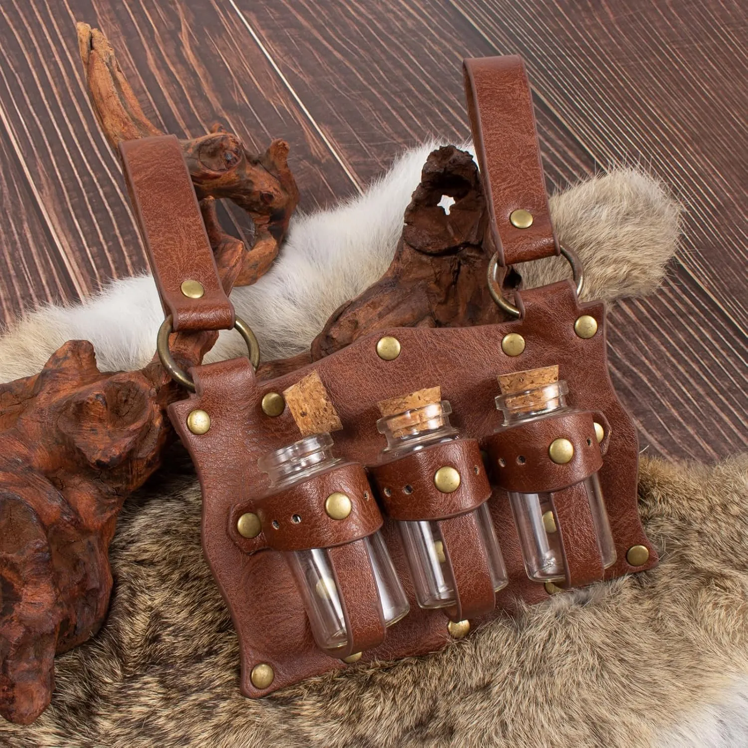 5 Pcs Renaissance Accessories Belt Pouch Waist Bag Belt Keyring Hook Wizard Potion Bottles Vials for Festival Cosplay Halloween Costume (Brown)