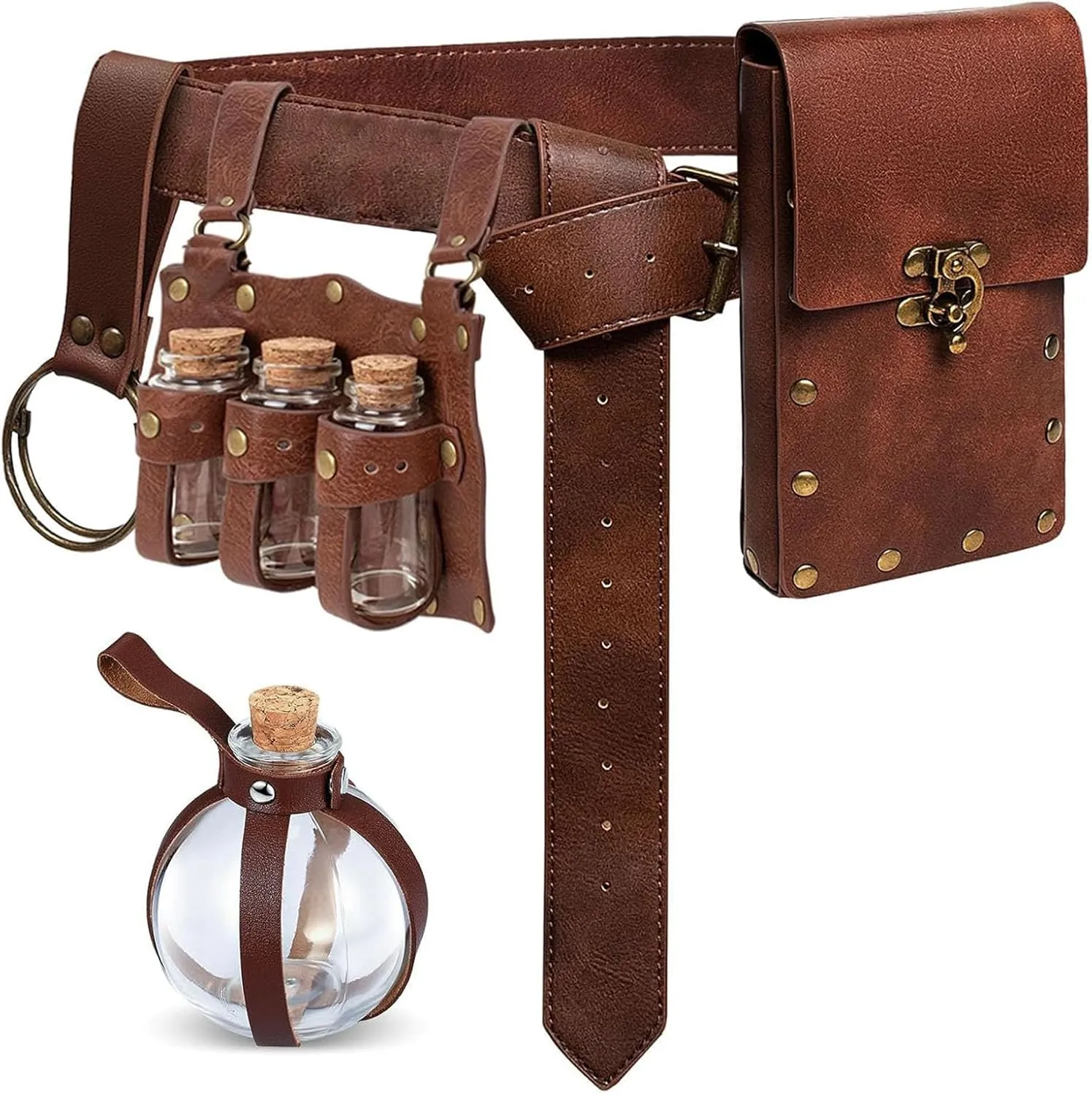 5 Pcs Renaissance Accessories Belt Pouch Waist Bag Belt Keyring Hook Wizard Potion Bottles Vials for Festival Cosplay Halloween Costume (Brown)