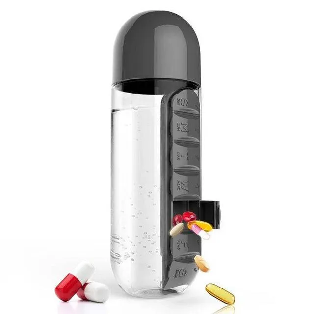 600ml Sports Plastic Water Bottle Combine Daily Pill Boxes Organizer