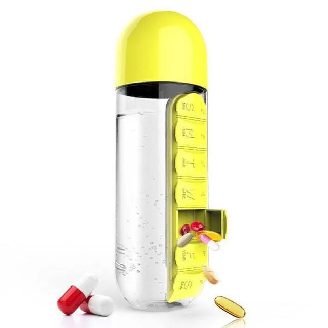 600ml Sports Plastic Water Bottle Combine Daily Pill Boxes Organizer