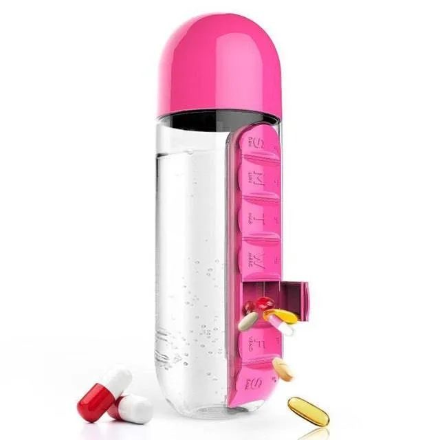 600ml Sports Plastic Water Bottle Combine Daily Pill Boxes Organizer