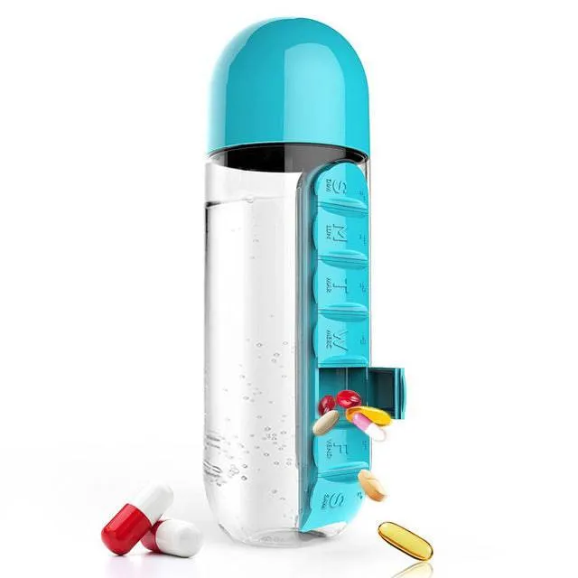 600ml Sports Plastic Water Bottle Combine Daily Pill Boxes Organizer