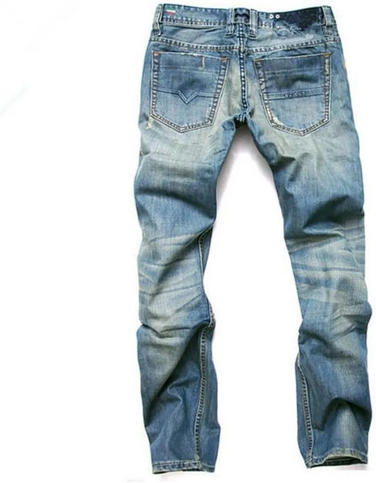 ACEFAST INC Men Ripped Straight Denim Jeans Retro Button Fly Pants Fashion Trousers Blue