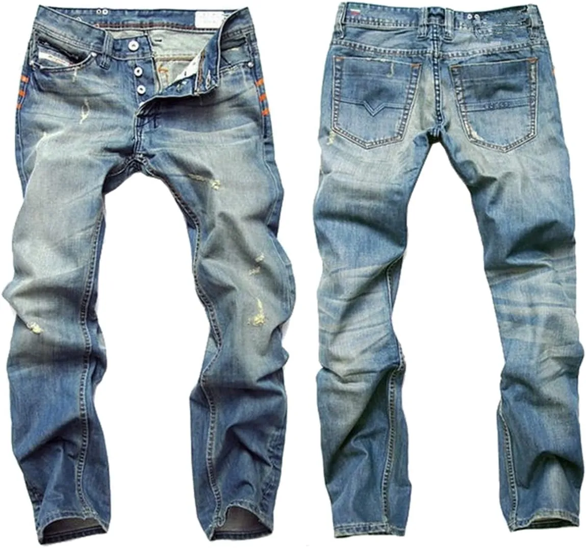 ACEFAST INC Men Ripped Straight Denim Jeans Retro Button Fly Pants Fashion Trousers Blue