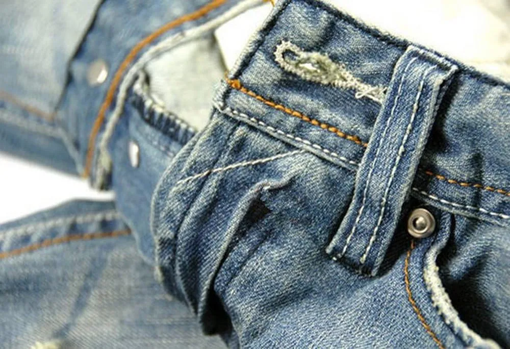 ACEFAST INC Men Ripped Straight Denim Jeans Retro Button Fly Pants Fashion Trousers Blue