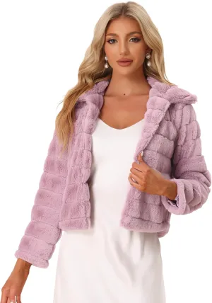 Allegra K Women's Faux Fur Fluffy Coat Collar 2024 Warm Winter Cropped Jacket