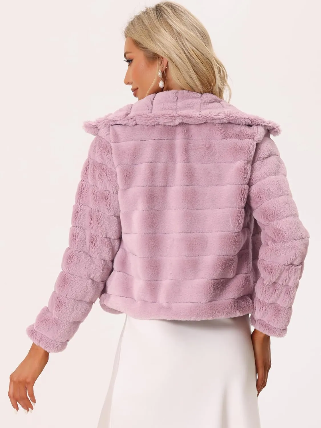 Allegra K Women's Faux Fur Fluffy Coat Collar 2024 Warm Winter Cropped Jacket