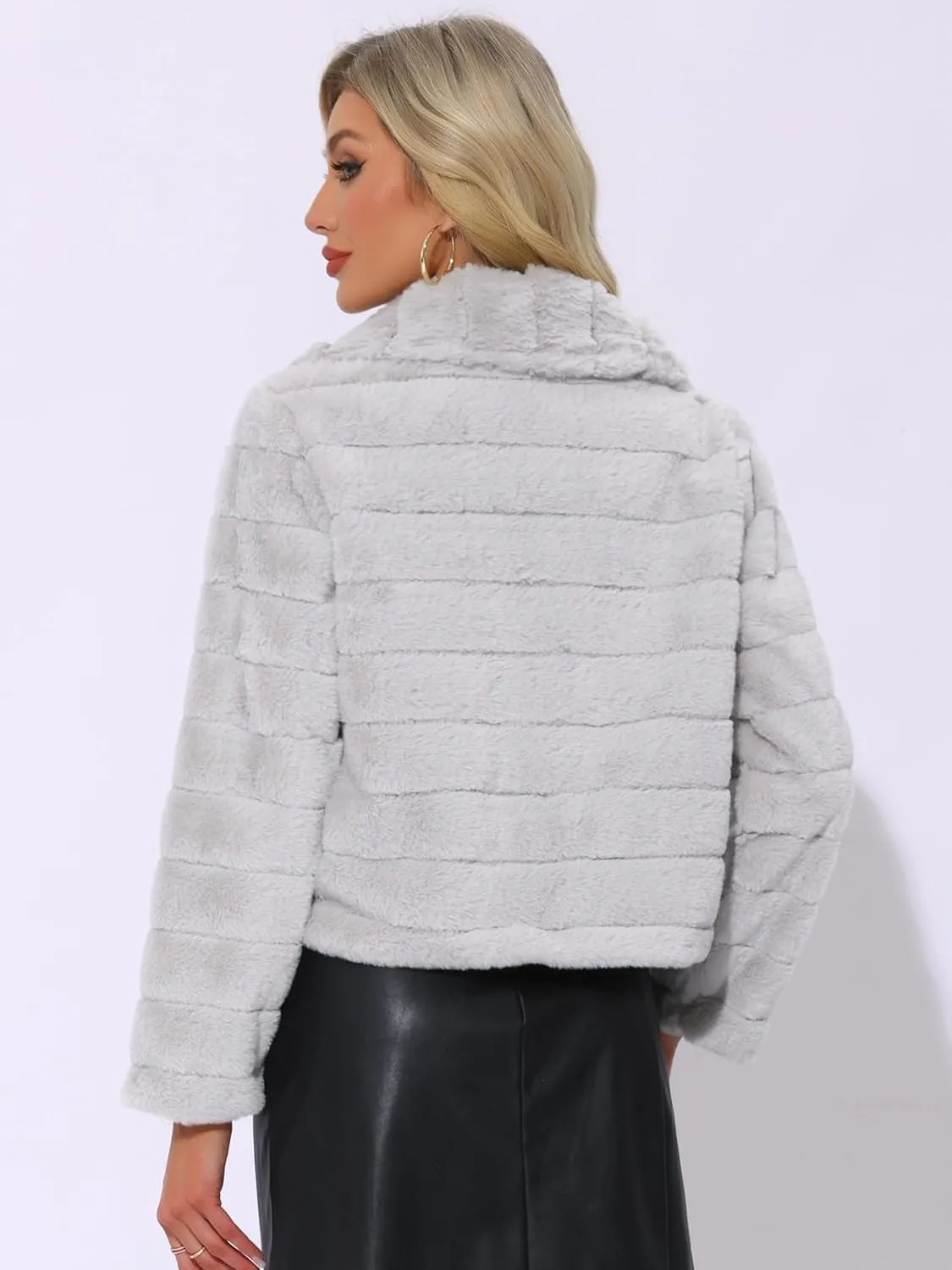 Allegra K Women's Faux Fur Fluffy Coat Collar 2024 Warm Winter Cropped Jacket