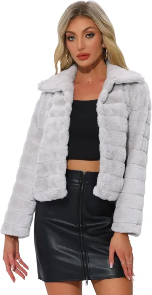 Allegra K Women's Faux Fur Fluffy Coat Collar 2024 Warm Winter Cropped Jacket