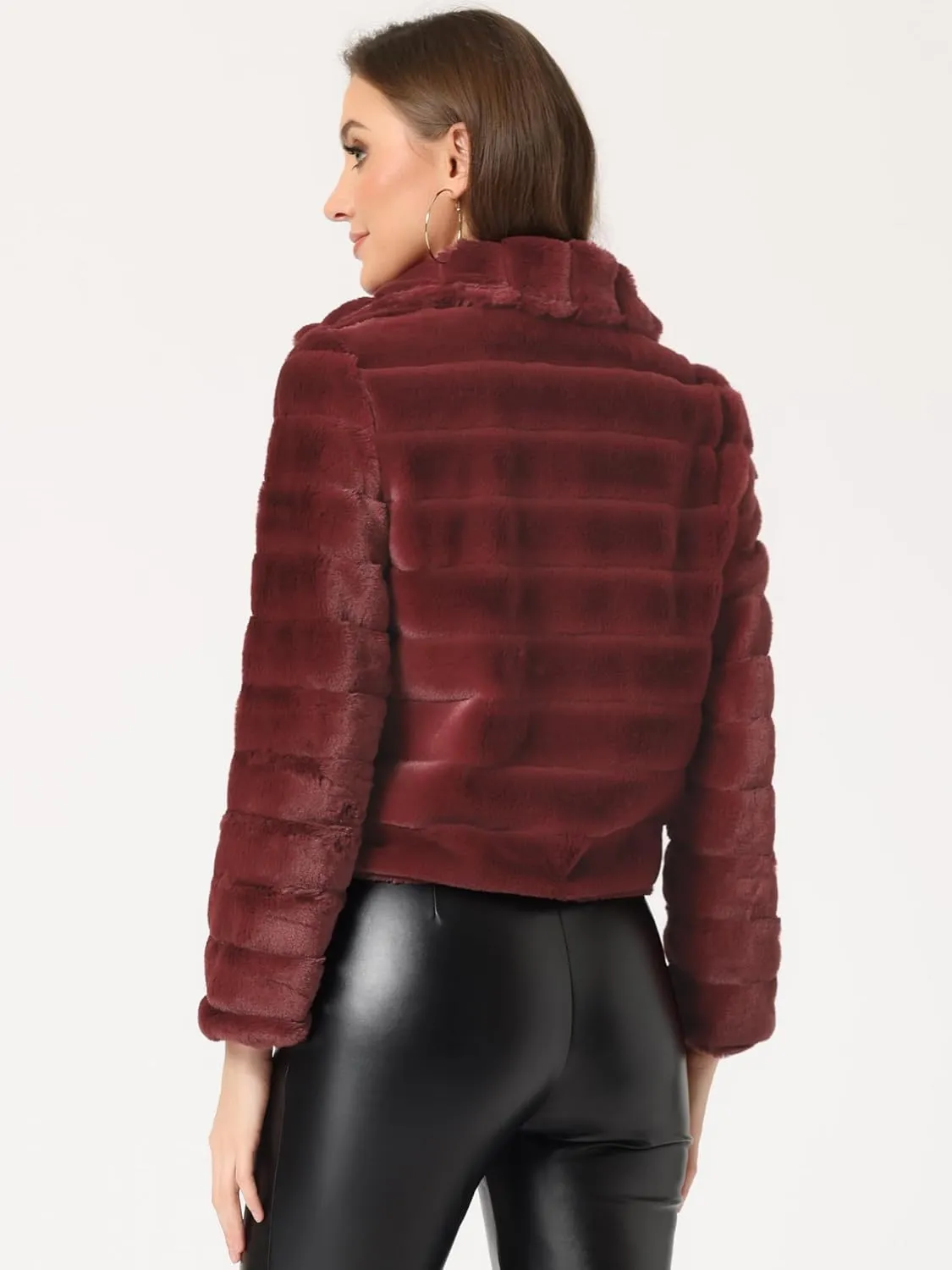 Allegra K Women's Faux Fur Fluffy Coat Collar 2024 Warm Winter Cropped Jacket