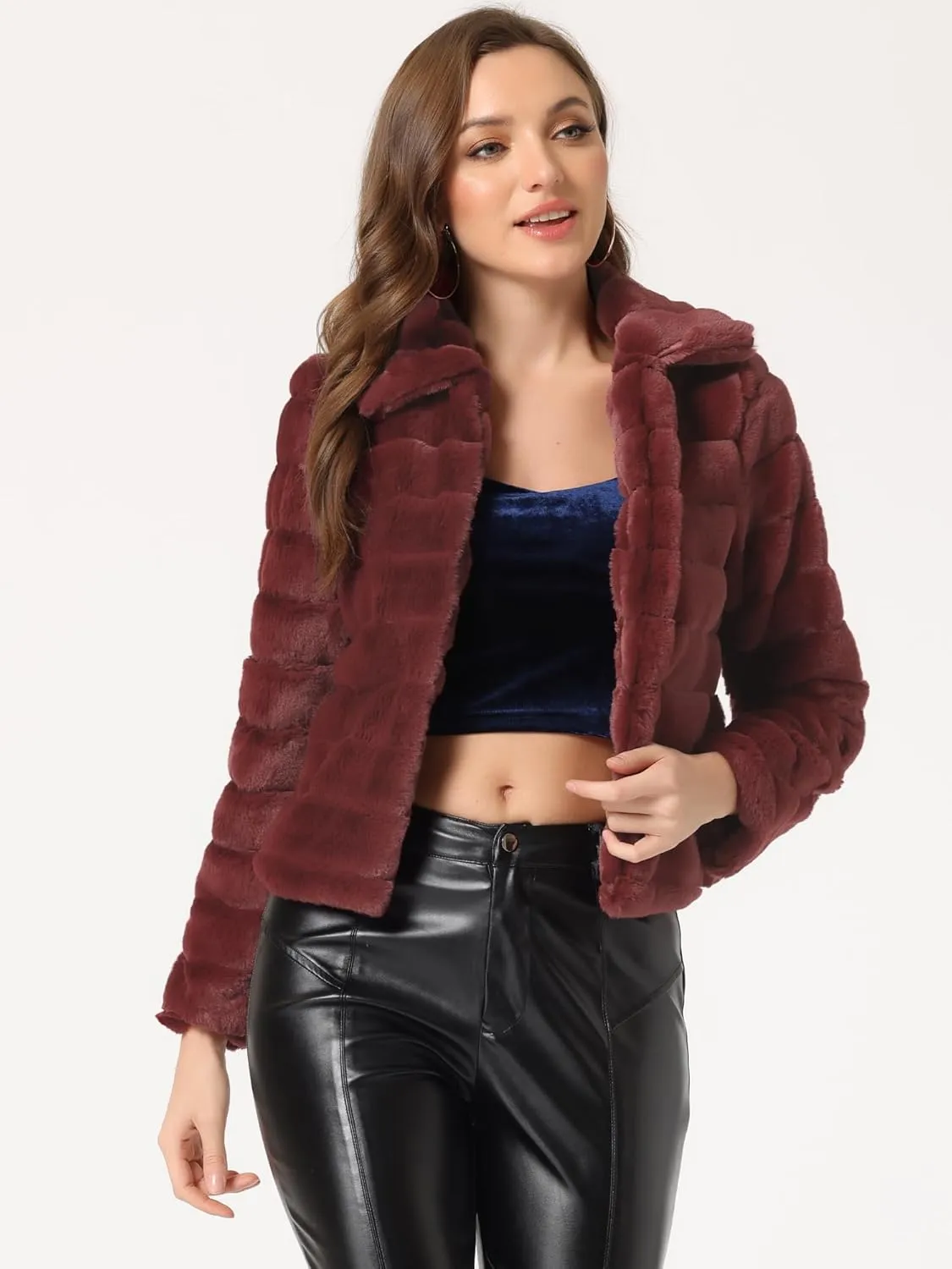 Allegra K Women's Faux Fur Fluffy Coat Collar 2024 Warm Winter Cropped Jacket