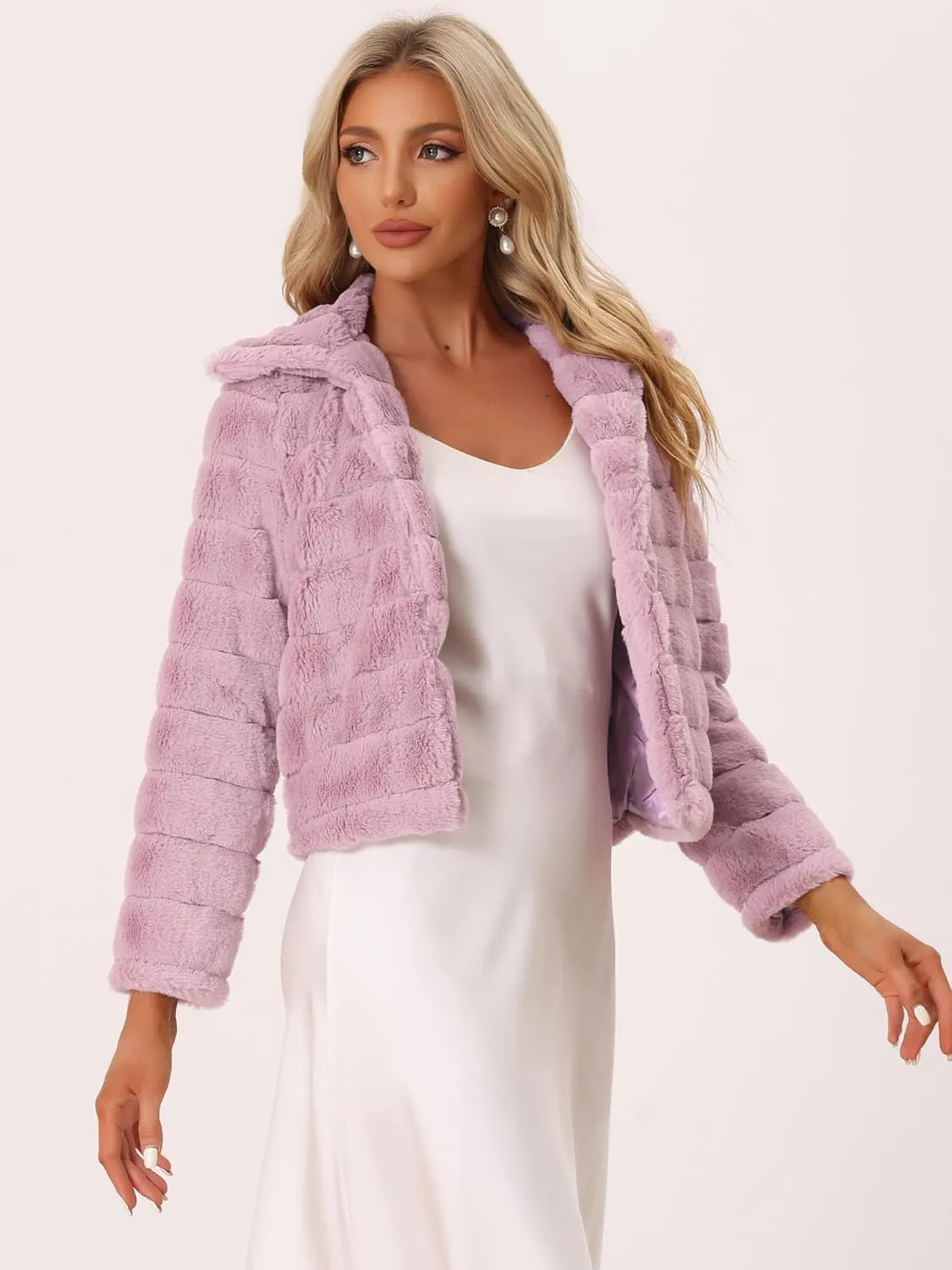 Allegra K Women's Faux Fur Fluffy Coat Collar 2024 Warm Winter Cropped Jacket