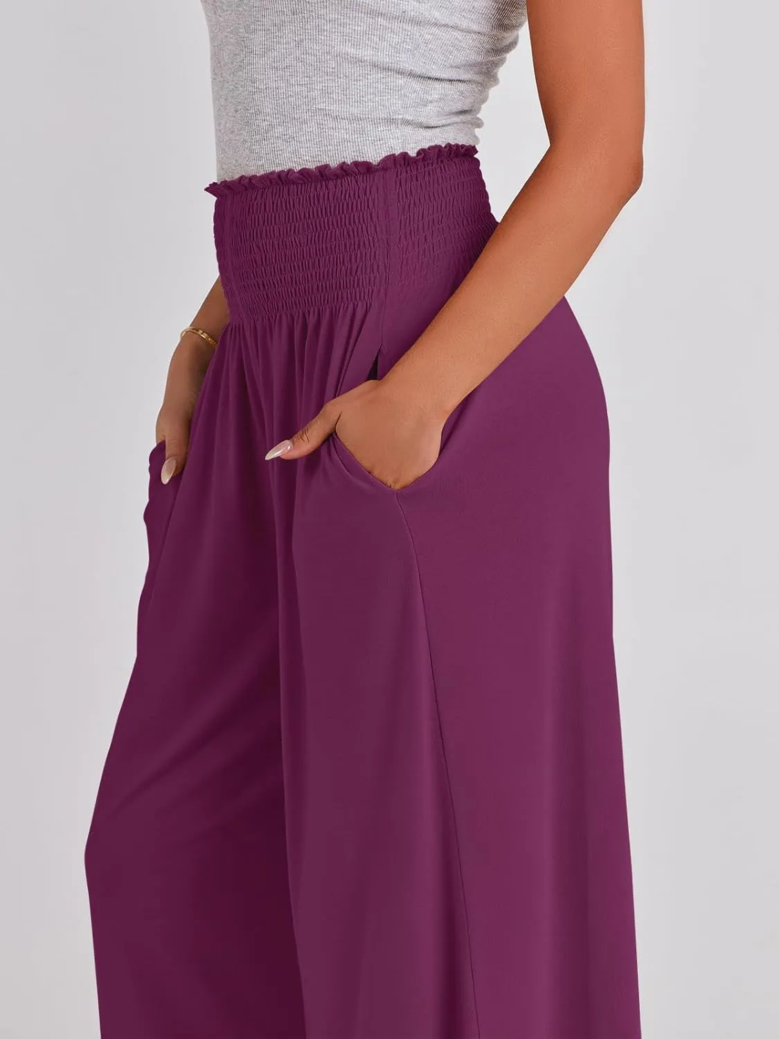 ANRABESS Women Palazzo Pants Summer Boho Bagyy Wide Leg High Smocked Waist Casual Loose Lounge Pant with Pocket