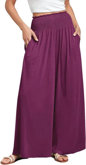 ANRABESS Women Palazzo Pants Summer Boho Bagyy Wide Leg High Smocked Waist Casual Loose Lounge Pant with Pocket
