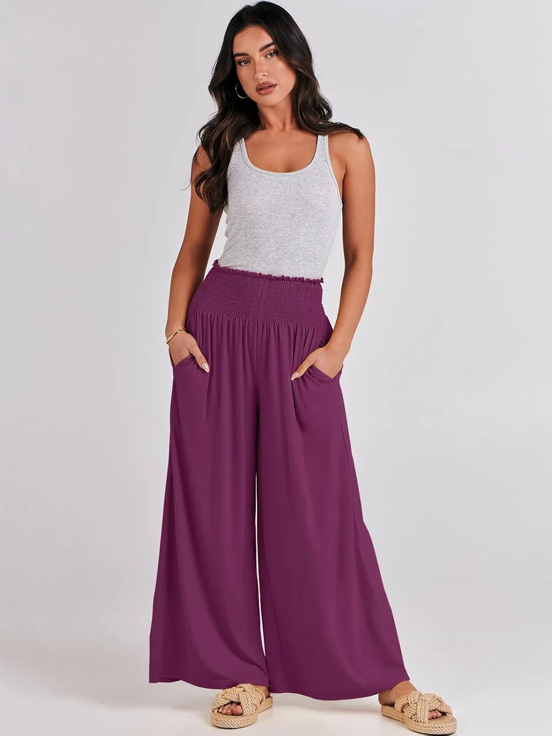 ANRABESS Women Palazzo Pants Summer Boho Bagyy Wide Leg High Smocked Waist Casual Loose Lounge Pant with Pocket