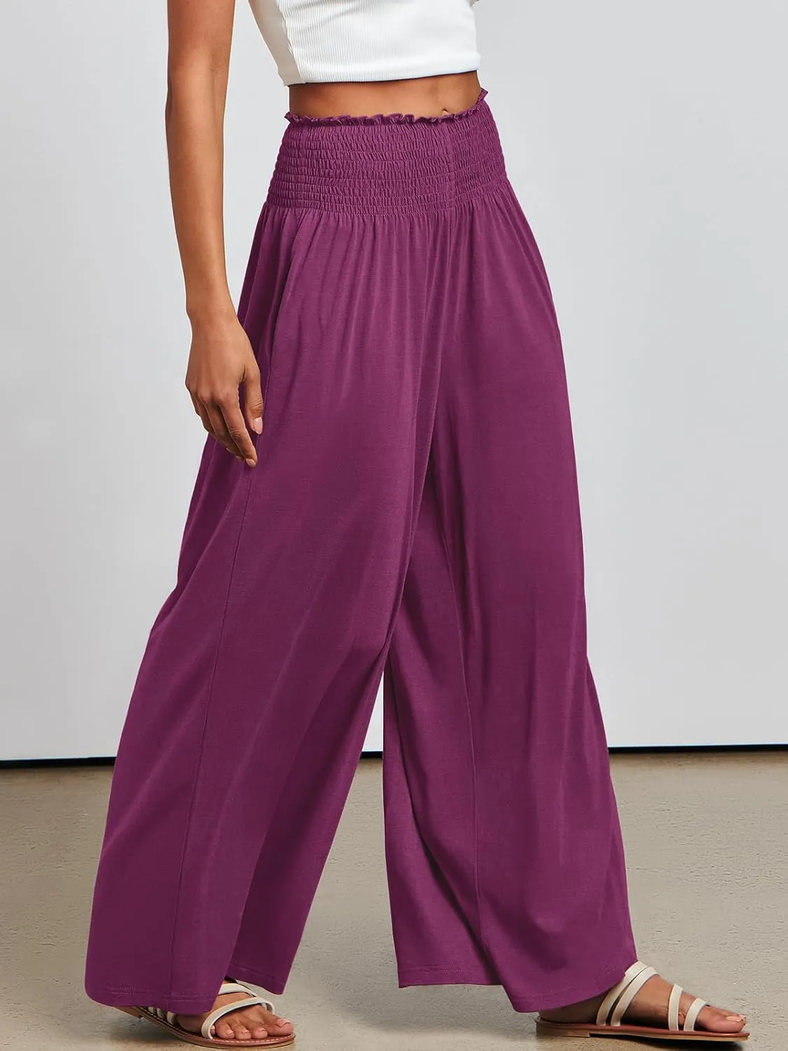 ANRABESS Women Palazzo Pants Summer Boho Bagyy Wide Leg High Smocked Waist Casual Loose Lounge Pant with Pocket