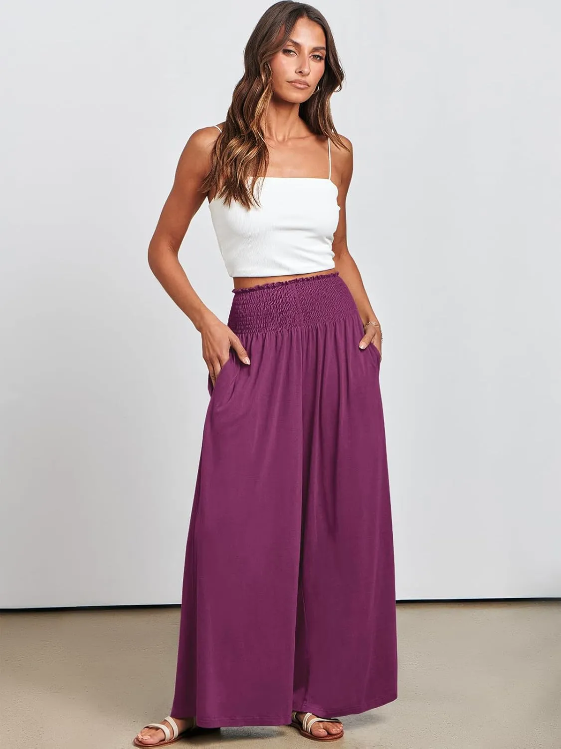 ANRABESS Women Palazzo Pants Summer Boho Bagyy Wide Leg High Smocked Waist Casual Loose Lounge Pant with Pocket