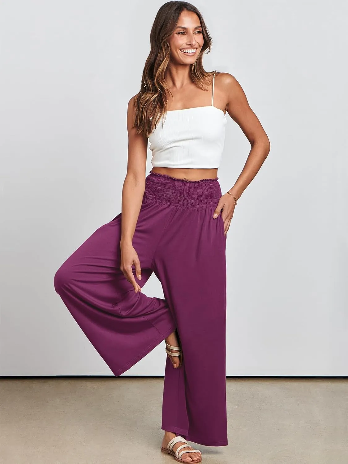 ANRABESS Women Palazzo Pants Summer Boho Bagyy Wide Leg High Smocked Waist Casual Loose Lounge Pant with Pocket