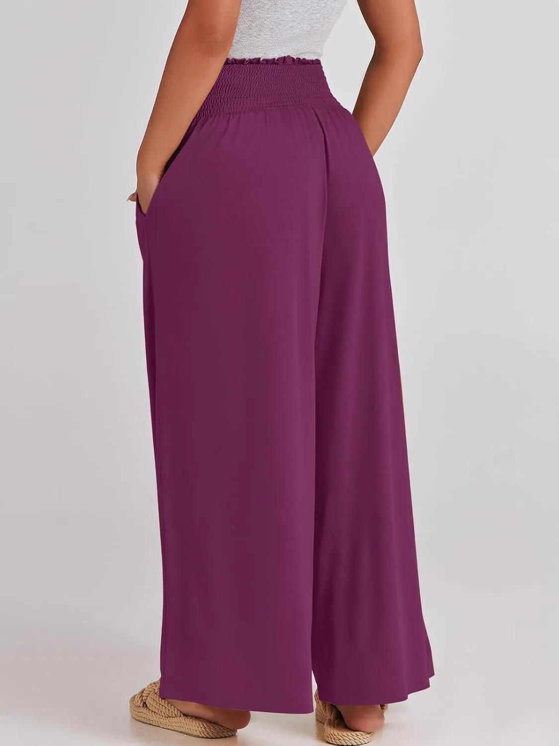 ANRABESS Women Palazzo Pants Summer Boho Bagyy Wide Leg High Smocked Waist Casual Loose Lounge Pant with Pocket