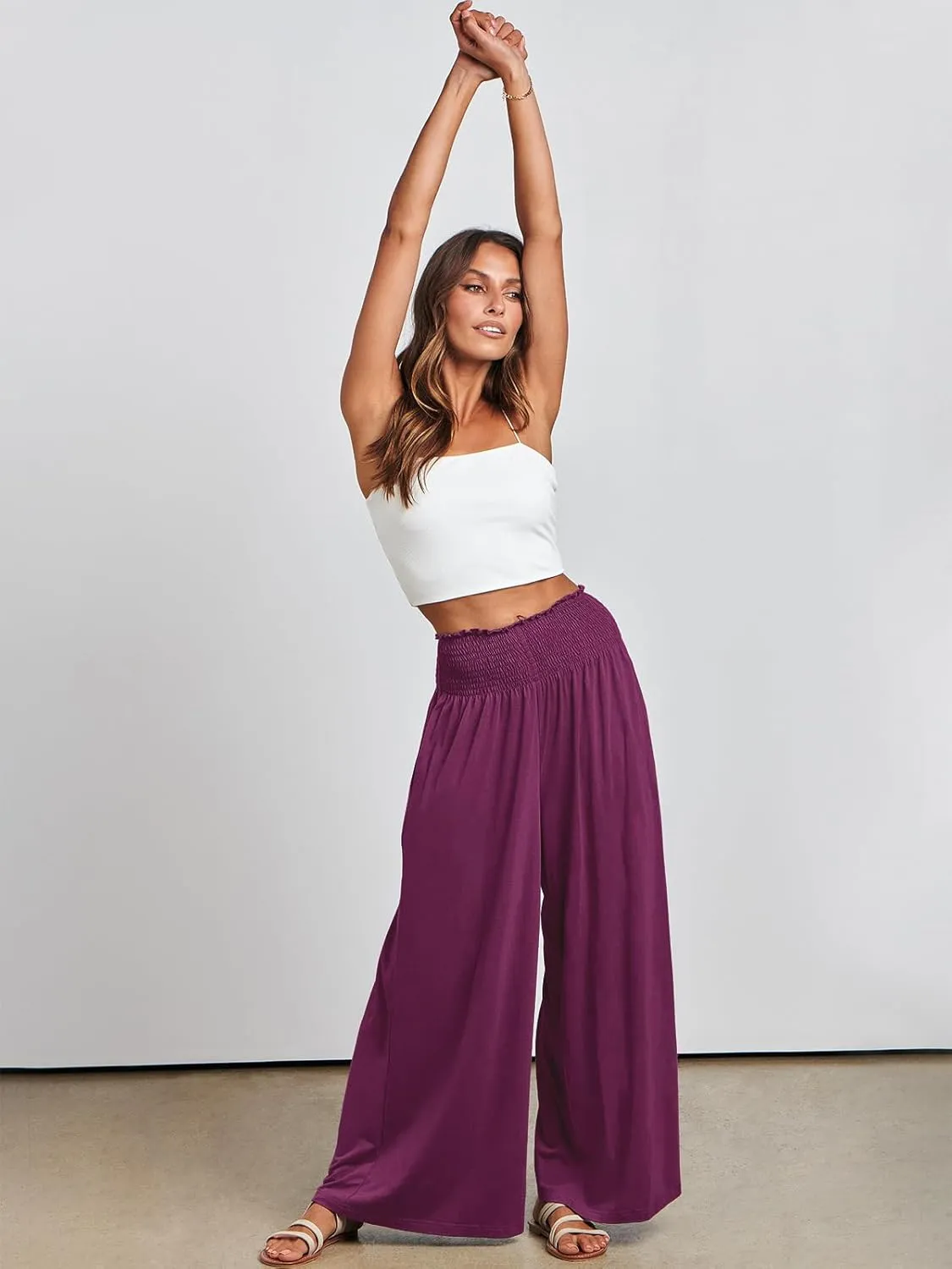 ANRABESS Women Palazzo Pants Summer Boho Bagyy Wide Leg High Smocked Waist Casual Loose Lounge Pant with Pocket