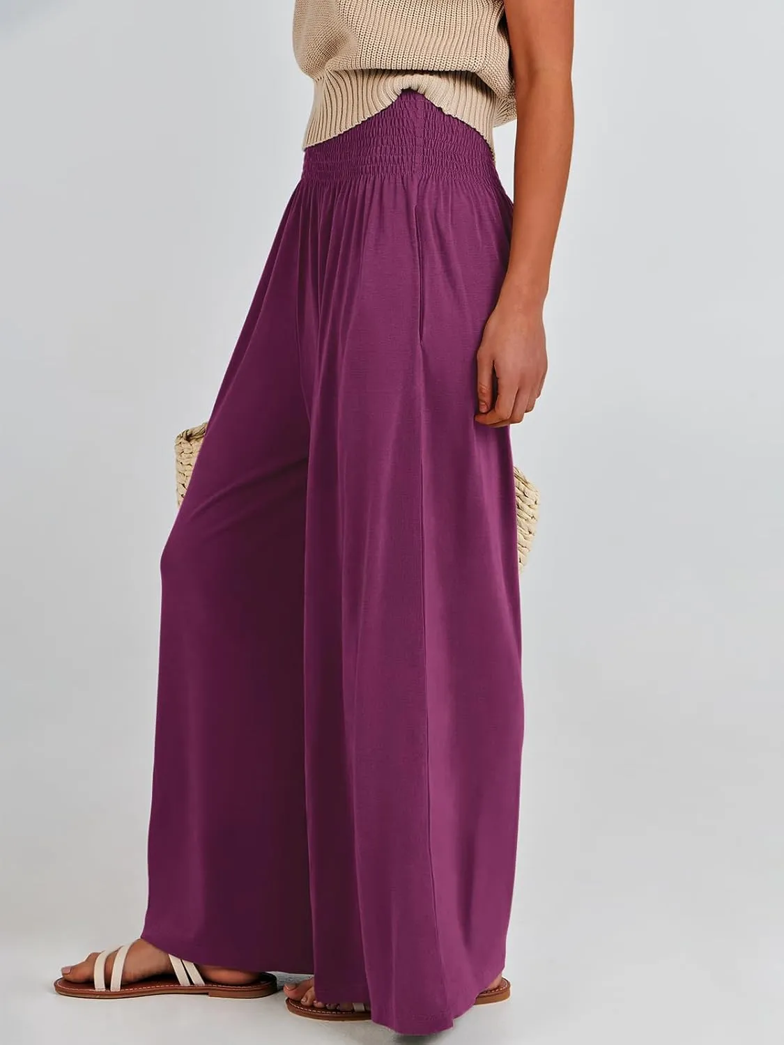 ANRABESS Women Palazzo Pants Summer Boho Bagyy Wide Leg High Smocked Waist Casual Loose Lounge Pant with Pocket