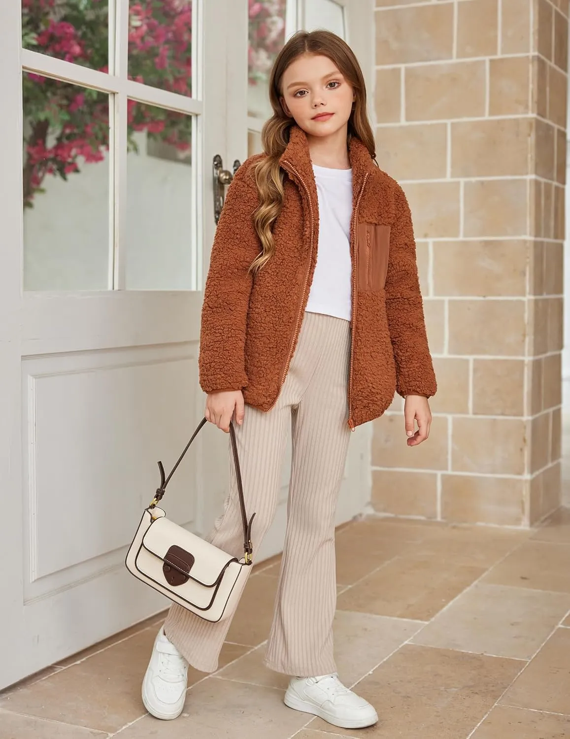 Arshiner Girls Fleece Jacket Sherpa Fall Winter Full Zip Fuzzy Coat Outwear with Pockets