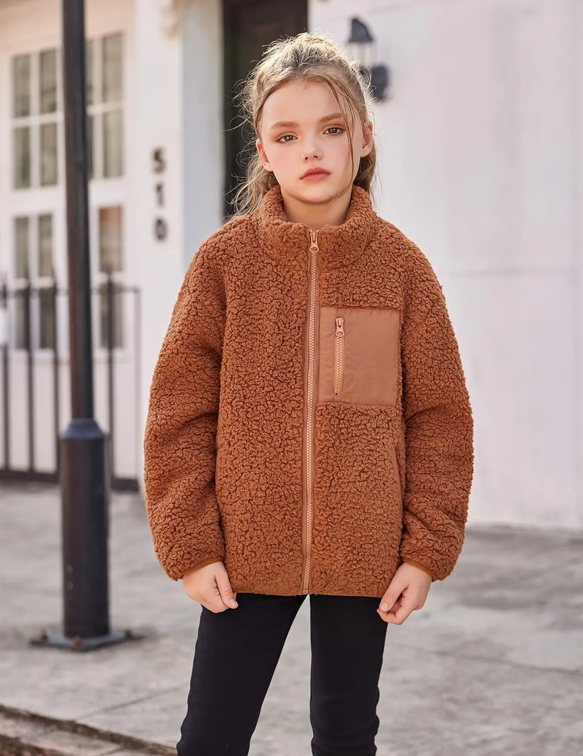 Arshiner Girls Fleece Jacket Sherpa Fall Winter Full Zip Fuzzy Coat Outwear with Pockets