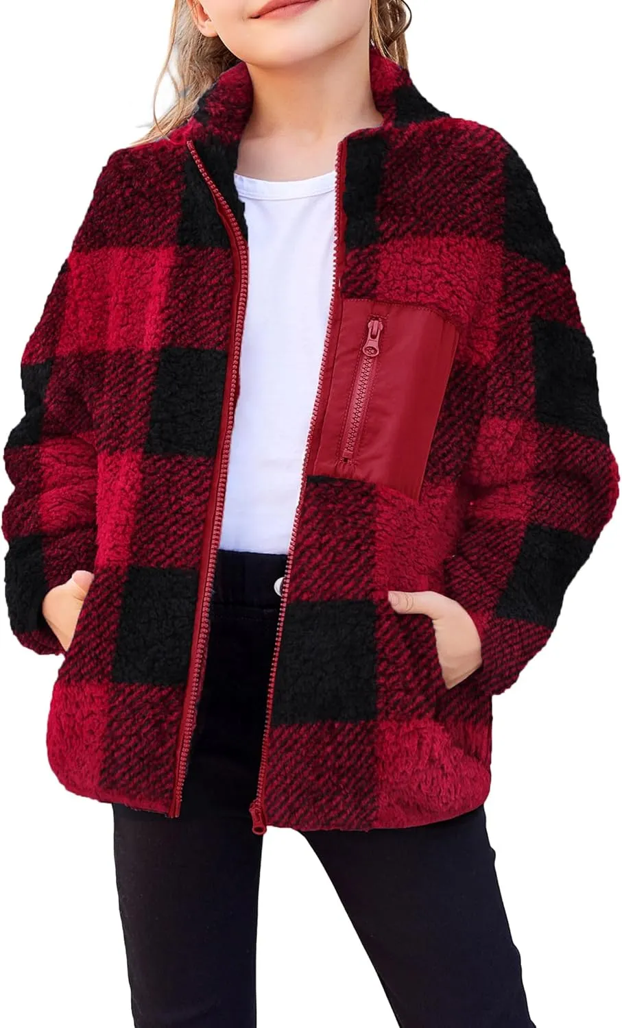Arshiner Girls Fleece Jacket Sherpa Fall Winter Full Zip Fuzzy Coat Outwear with Pockets