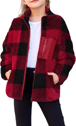 Arshiner Girls Fleece Jacket Sherpa Fall Winter Full Zip Fuzzy Coat Outwear with Pockets