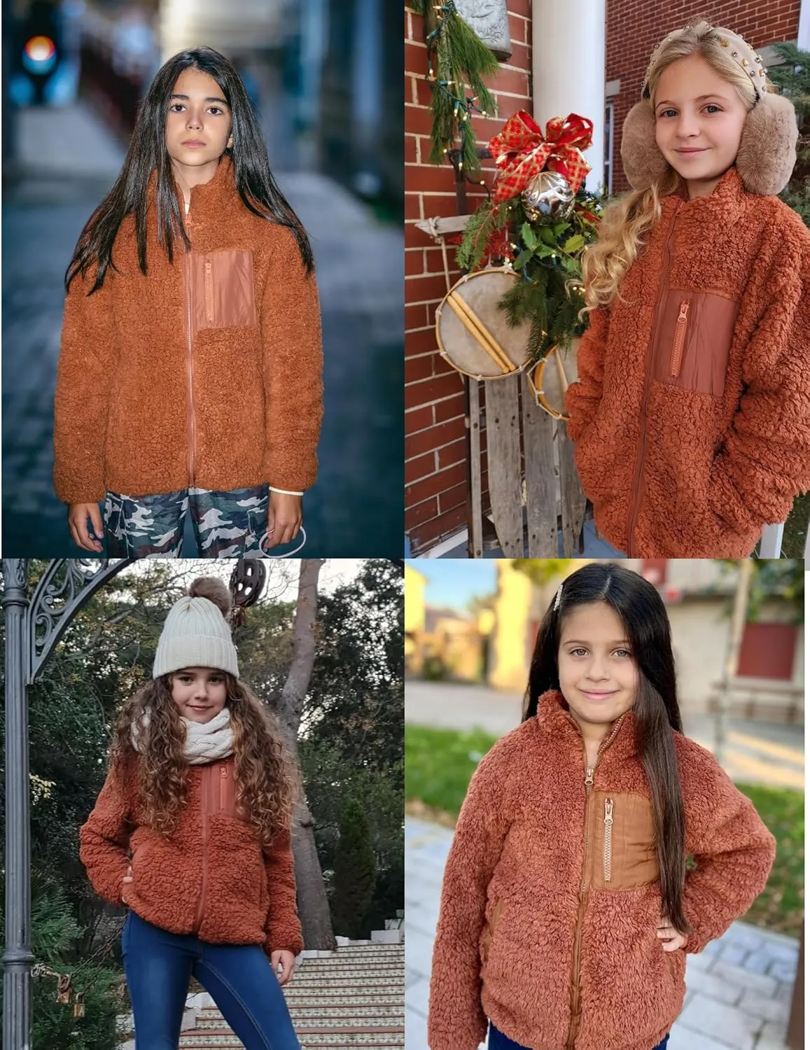 Arshiner Girls Fleece Jacket Sherpa Fall Winter Full Zip Fuzzy Coat Outwear with Pockets
