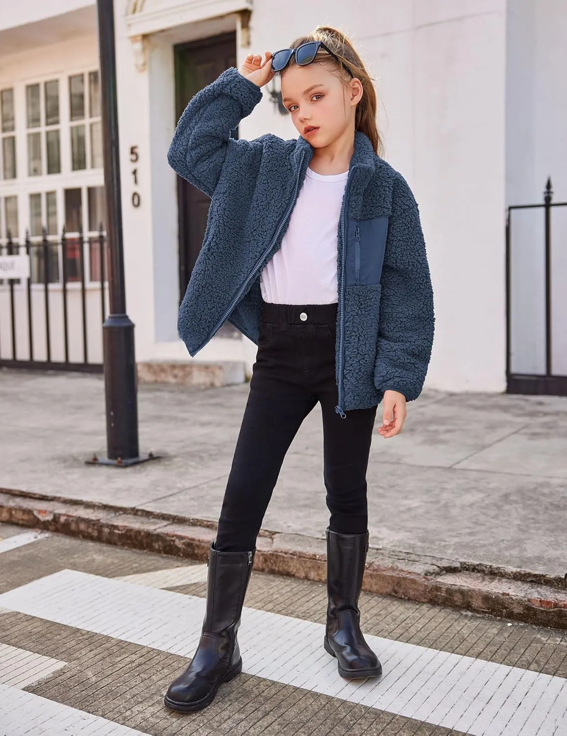 Arshiner Girls Fleece Jacket Sherpa Fall Winter Full Zip Fuzzy Coat Outwear with Pockets