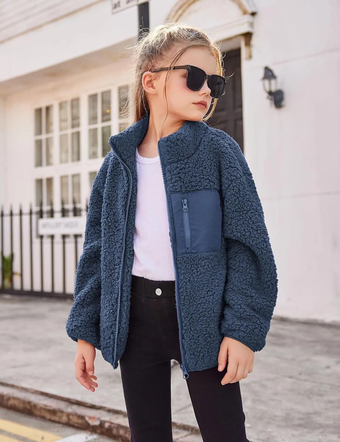 Arshiner Girls Fleece Jacket Sherpa Fall Winter Full Zip Fuzzy Coat Outwear with Pockets