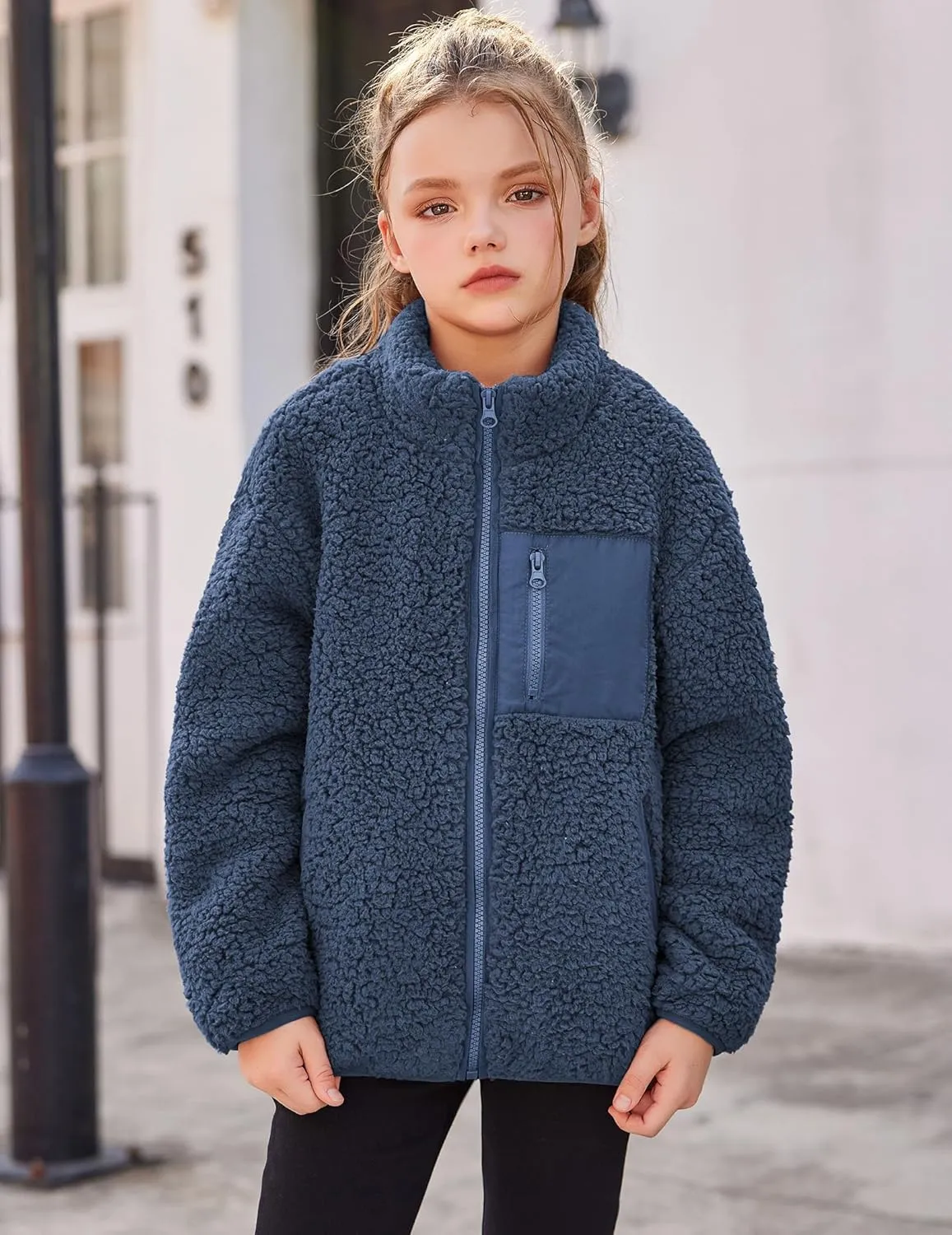 Arshiner Girls Fleece Jacket Sherpa Fall Winter Full Zip Fuzzy Coat Outwear with Pockets
