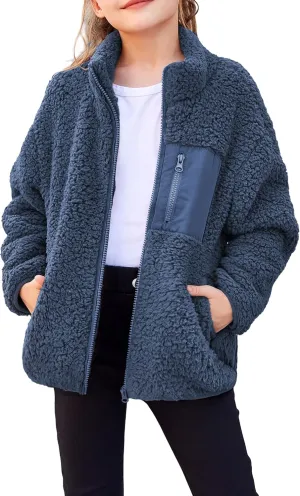 Arshiner Girls Fleece Jacket Sherpa Fall Winter Full Zip Fuzzy Coat Outwear with Pockets