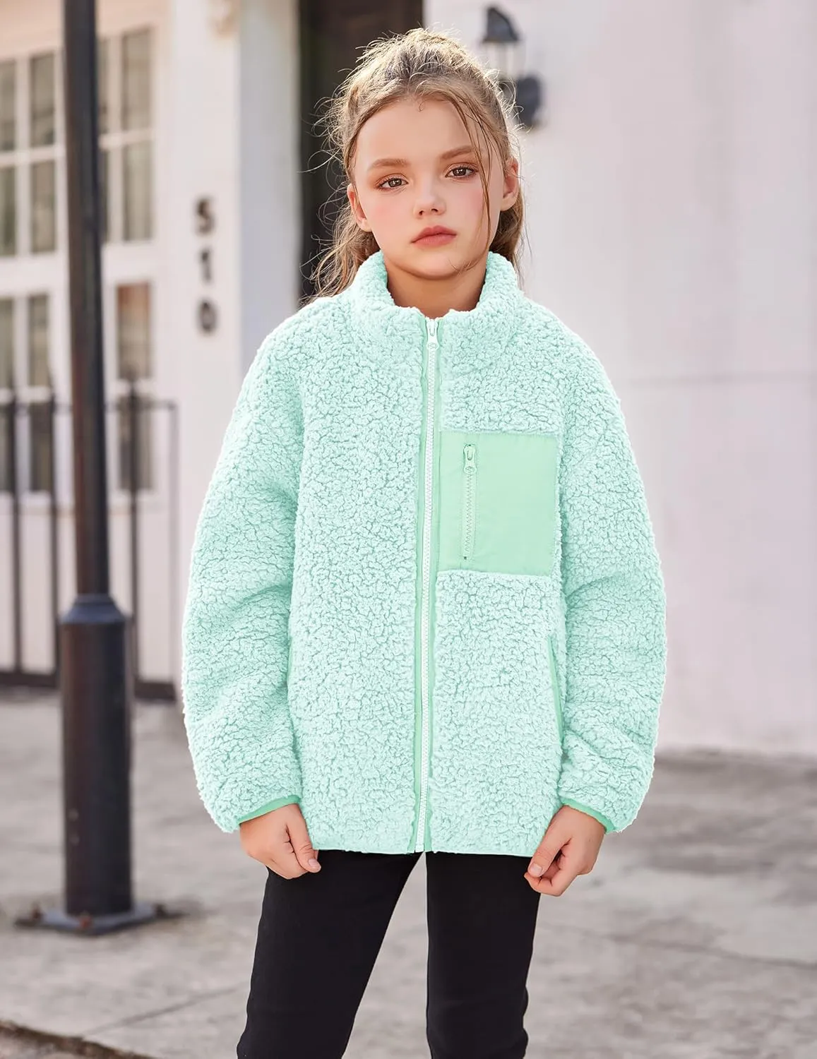 Arshiner Girls Fleece Jacket Sherpa Fall Winter Full Zip Fuzzy Coat Outwear with Pockets