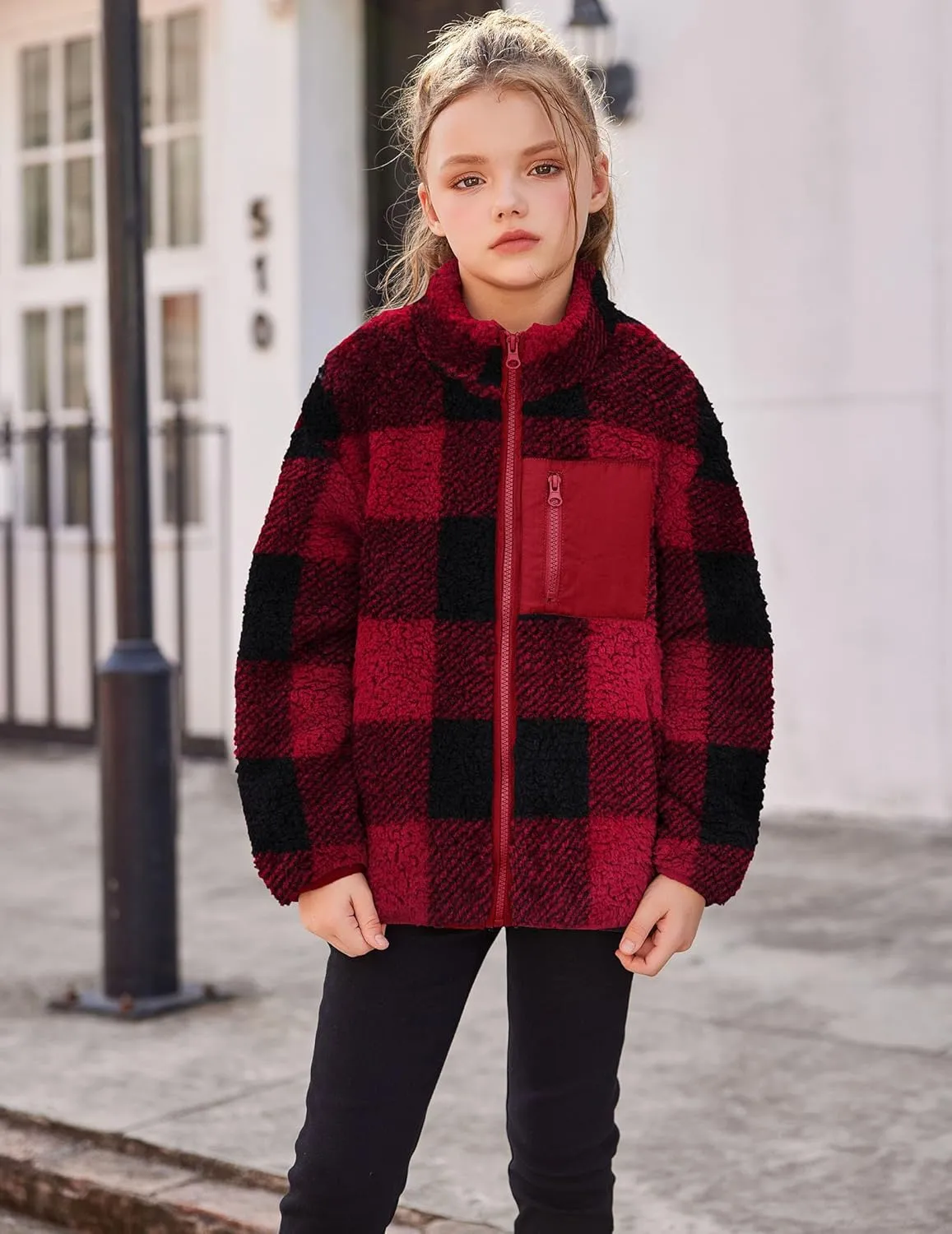Arshiner Girls Fleece Jacket Sherpa Fall Winter Full Zip Fuzzy Coat Outwear with Pockets