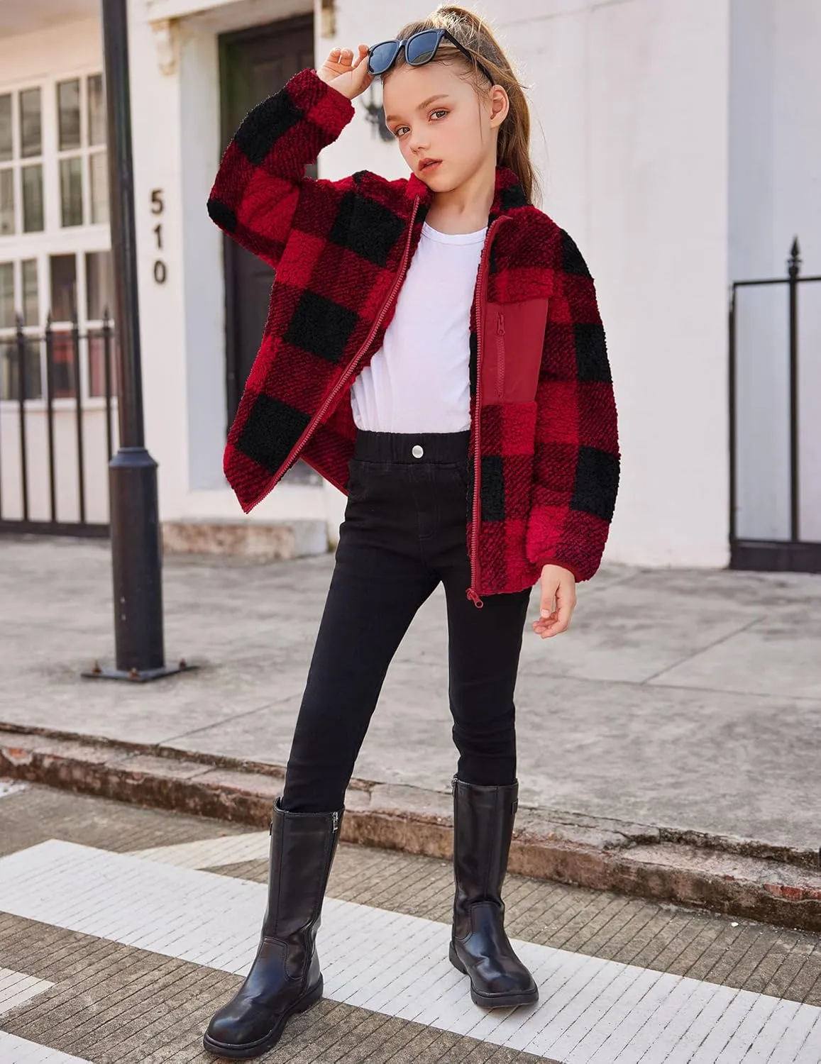 Arshiner Girls Fleece Jacket Sherpa Fall Winter Full Zip Fuzzy Coat Outwear with Pockets