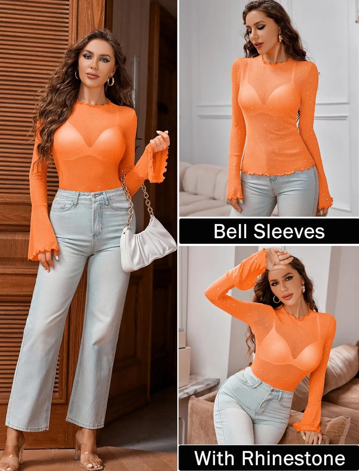 Avidlove Women Mesh Tops Rhinestone Tops Long Bell Sleeve Blouses Glitter Shirts Sexy Clubwear Outfits S-XXL