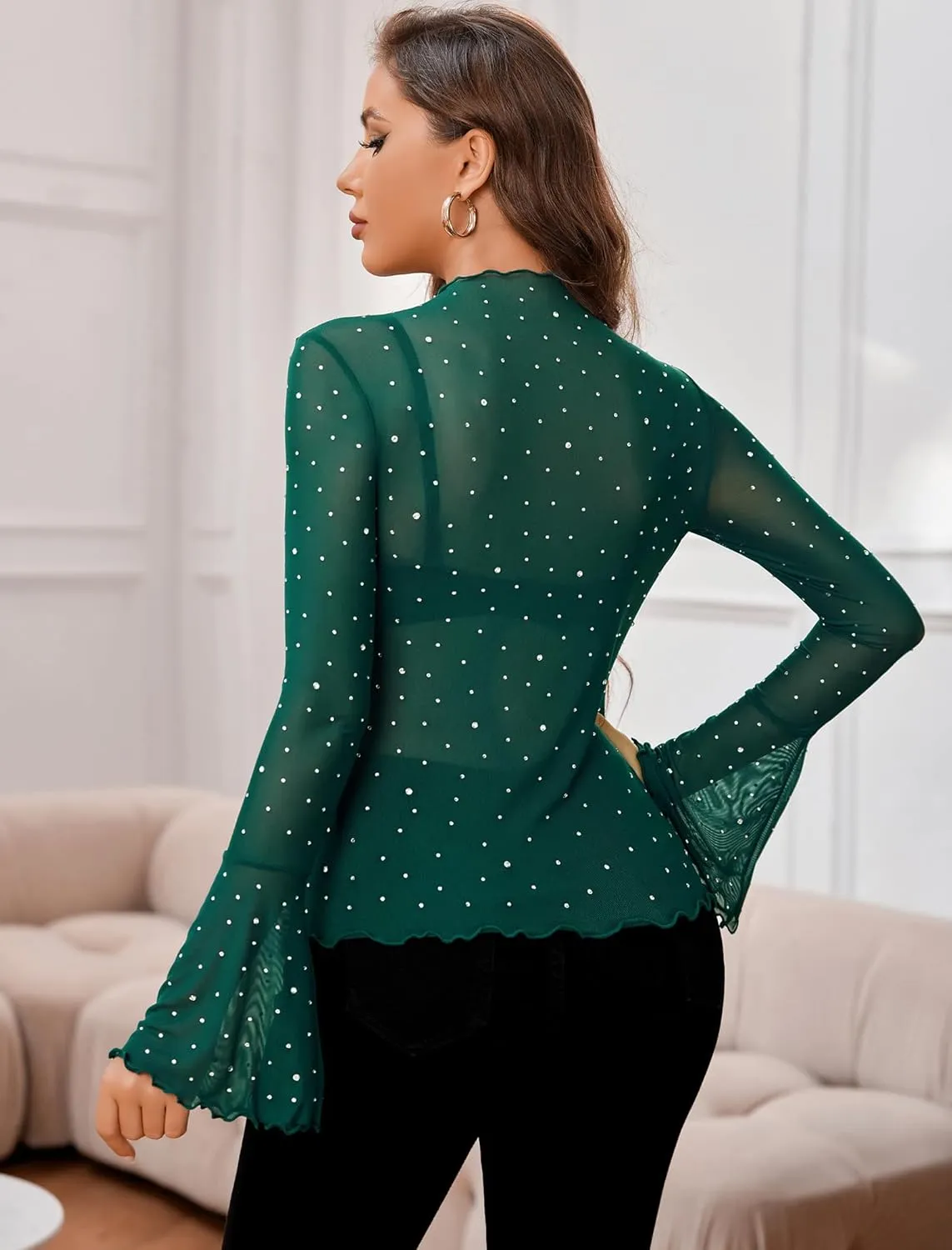 Avidlove Women Mesh Tops Rhinestone Tops Long Bell Sleeve Blouses Glitter Shirts Sexy Clubwear Outfits S-XXL