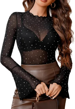 Avidlove Women Mesh Tops Rhinestone Tops Long Bell Sleeve Blouses Glitter Shirts Sexy Clubwear Outfits S-XXL