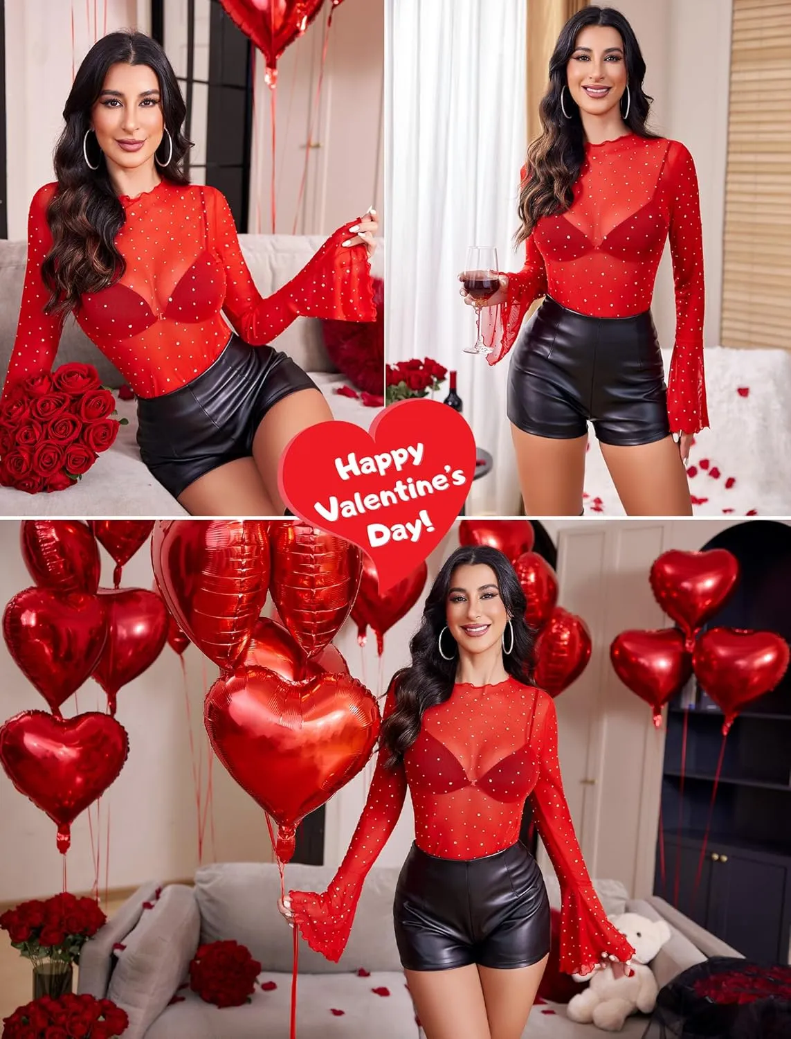 Avidlove Women Mesh Tops Rhinestone Tops Long Bell Sleeve Blouses Glitter Shirts Sexy Clubwear Outfits S-XXL