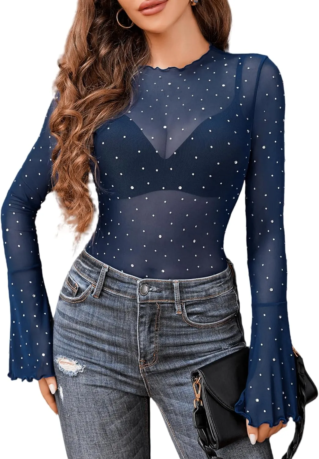 Avidlove Women Mesh Tops Rhinestone Tops Long Bell Sleeve Blouses Glitter Shirts Sexy Clubwear Outfits S-XXL