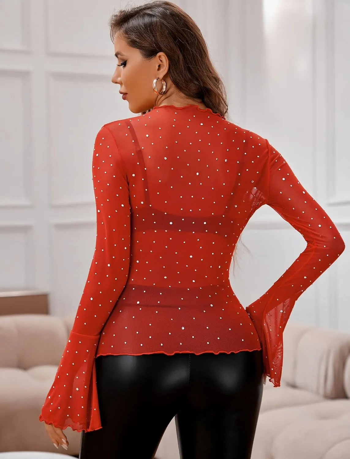 Avidlove Women Mesh Tops Rhinestone Tops Long Bell Sleeve Blouses Glitter Shirts Sexy Clubwear Outfits S-XXL