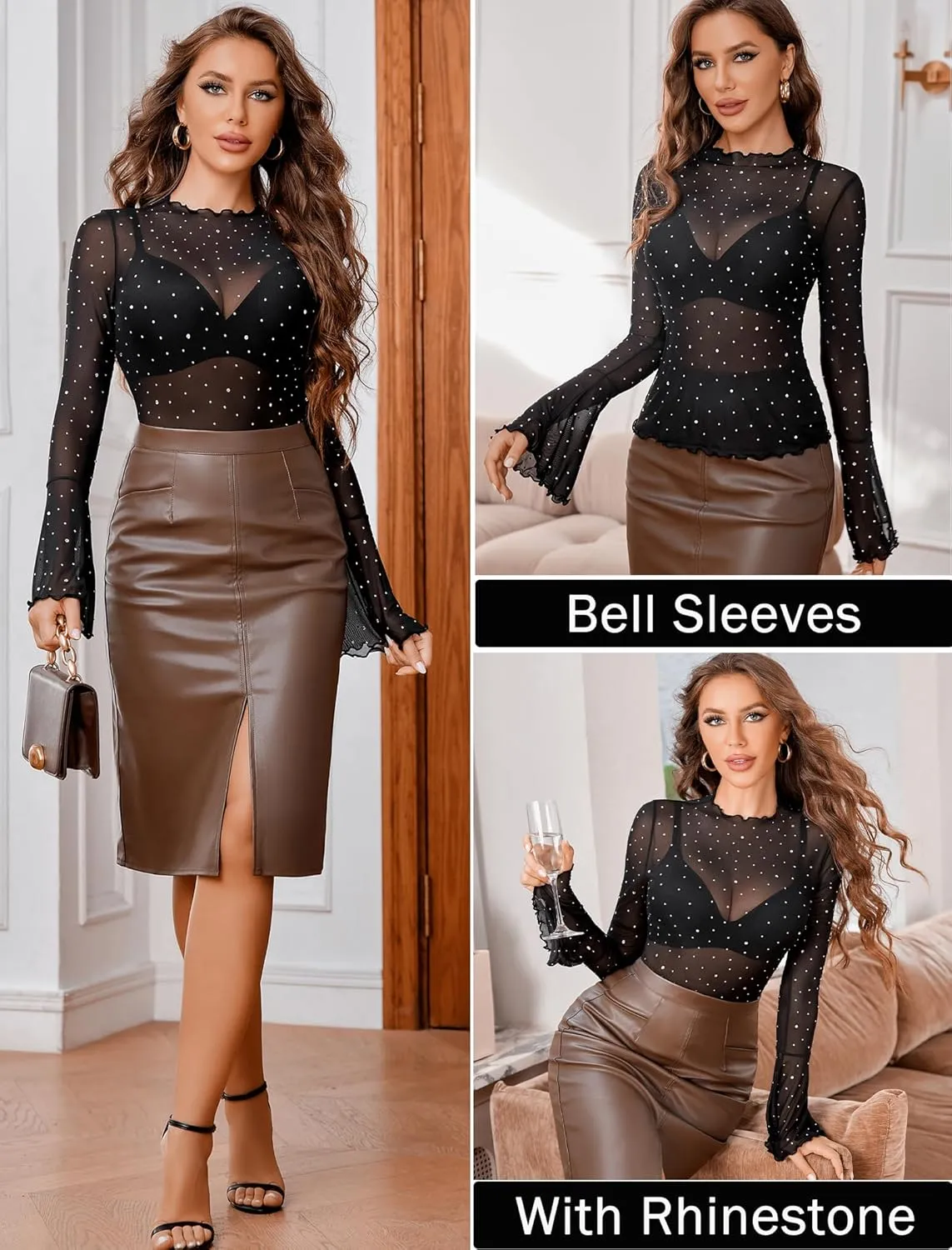 Avidlove Women Mesh Tops Rhinestone Tops Long Bell Sleeve Blouses Glitter Shirts Sexy Clubwear Outfits S-XXL
